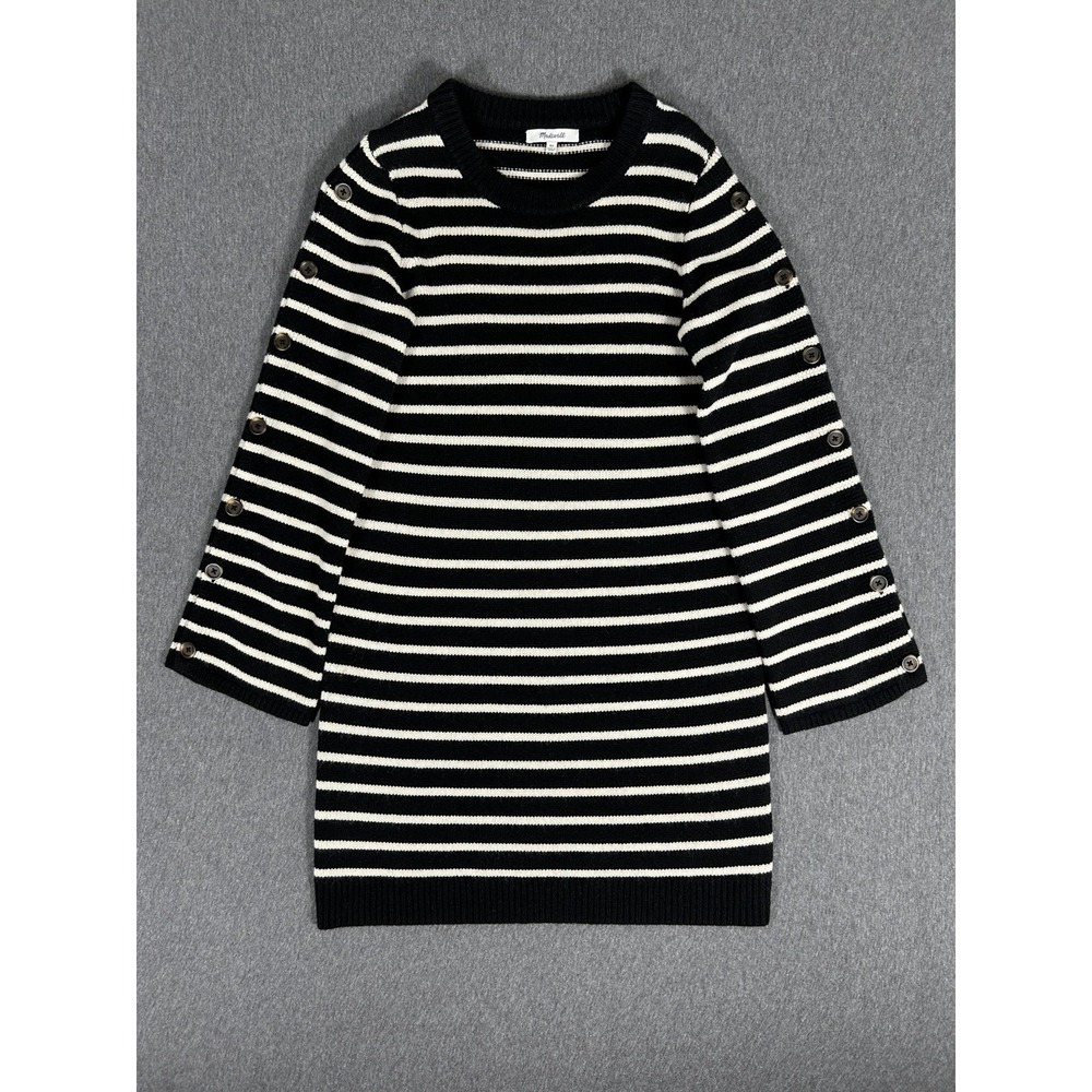 Madewell Women's XS Black Ivory Striped 100% Merino Wool Sweater Button Sleeve